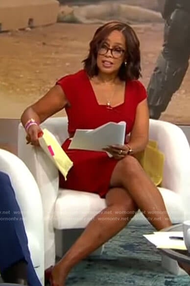 Gayle’s red folded neck dress on CBS Mornings