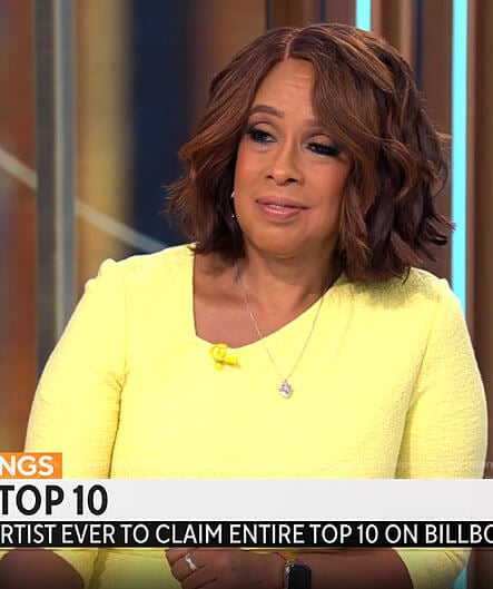Gayle’s yellow asymmetric neckline dress on CBS Mornings