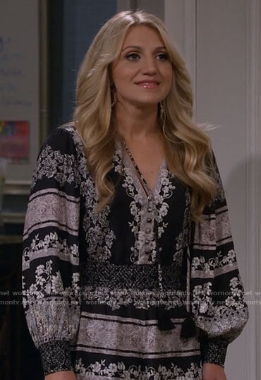 Gina’s black and white floral romper on B Positive