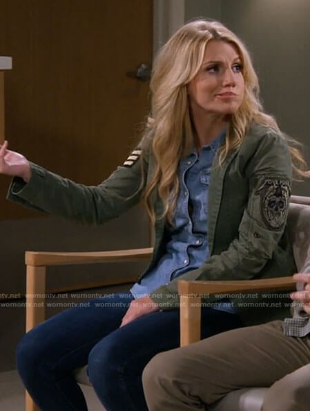 Gina’s green jacket with patches on B Positive