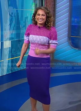 Ginger’s pink colorblock pointelle sweater and purple ribbed skirt on Good Morning America