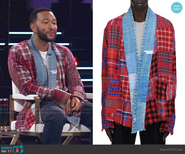 Greg Lauren Plaid Scrapwork Kimono Jacket worn by John Legend on The Voice