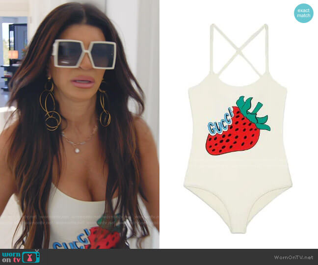 Gucci Lycra Bathing Suit with Gucci Strawberry Print worn by Teresa Giudice on The Real Housewives Ultimate Girls Trip