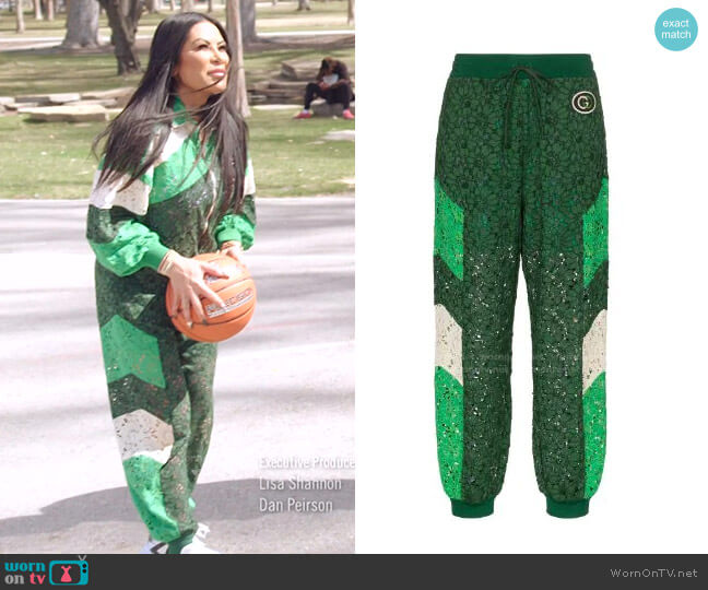 Gucci Embroidered Lace Track Pants worn by Jen Shah on The Real Housewives of Salt Lake City