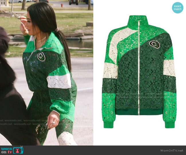 Gucci Panelled Lace Logo Patch Track Jacket worn by Jen Shah on The Real Housewives of Salt Lake City