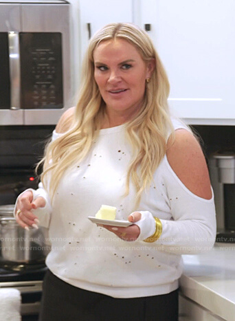 Heather’s white distressed cutout top on The Real Housewives of Salt Lake City