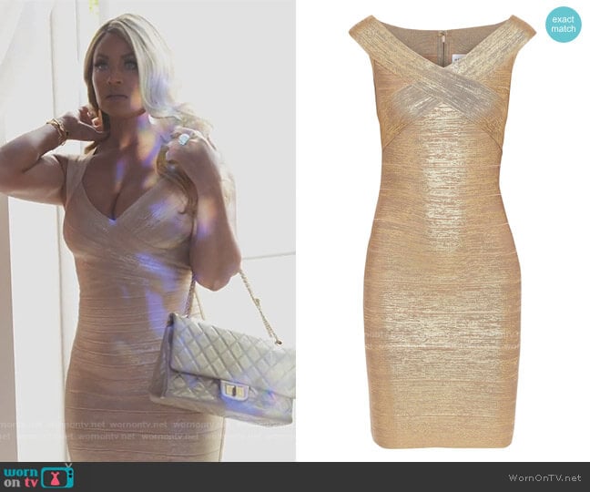 Herve Leger Off-the-shoulder Metallic Bandage Mini Dress worn by Gizelle Bryant on The Real Housewives of Potomac