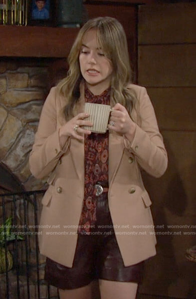 Hope’s camel blazer and red printed blouse on The Bold and the Beautiful