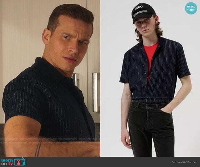 Hugo Boss Relaxed Fit Polo Shirt with Pinstripes and Handwritten Logos worn by Evan Buckley (Oliver Stark) on 9-1-1