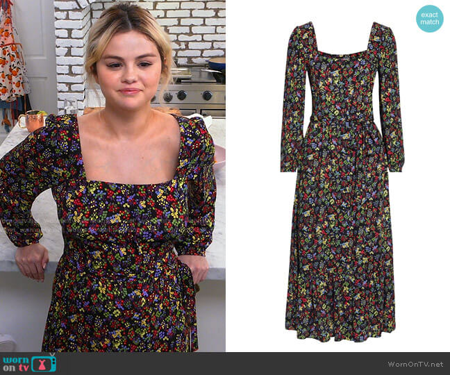 HVN Eva belted floral-print voile midi dress worn by Selena Gomez on Selena + Chef