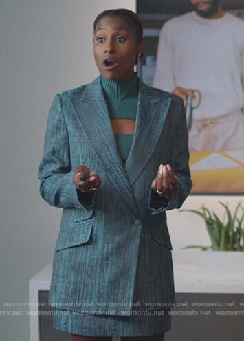 Issa’s teal printed blazer on Insecure