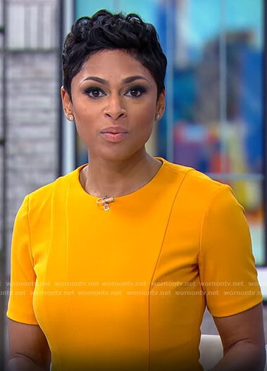 Jericka Duncan’s orange short sleeved dress on CBS Mornings