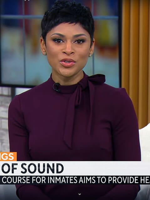 Jericka Duncan’s purple bow neck dress on CBS Mornings
