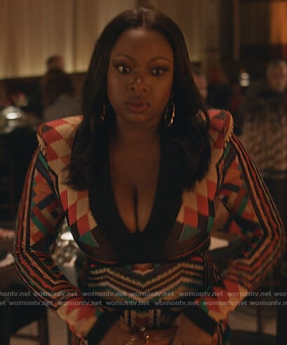 Jill’s Aztec print v-neck dress on Queens