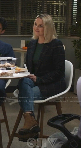 Jo’s navy check blazer and suede boots on Greys Anatomy