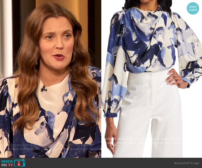 Johanna Ortiz Nomadic Lifestyle Silk Cowlneck Blouse worn by Drew Barrymore on The Drew Barrymore Show