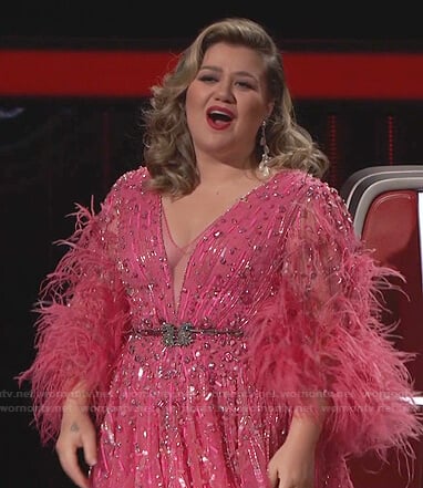 Kelly’s pink embellished feather dress on The Voice