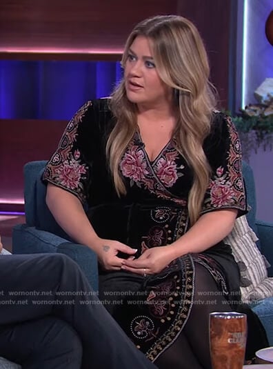 Kelly’s black floral velvet wrap dress on The Kelly Clarkson Show
