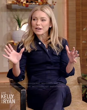 Kelly’s navy utility jumpsuit on Live with Kelly and Ryan