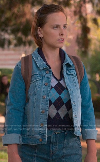 Kimberly’s blue argyle sweater on The Sex Lives of College Girls