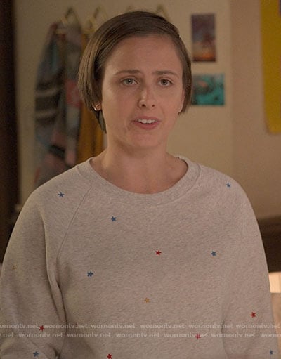 Kimberly’s star embroidered sweatshirt on The Sex Lives of College Girls