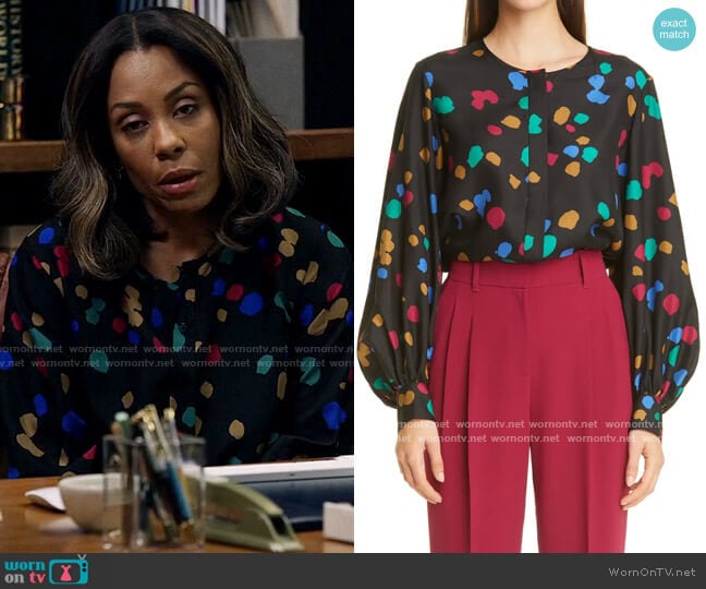 Lafayette 148 New York Sicilia Scatter Dot Print Silk Blouse worn by Mia Jordan (Karen Pittman) on The Morning Show