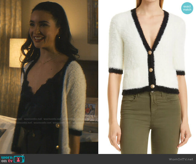 L'Agence Susie Short Sleeve Cardigan worn by Bess (Maddison Jaizani) on Nancy Drew