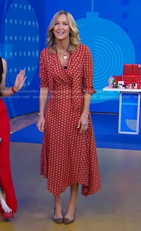 Lara’s orange printed tie neck dress on Good Morning America