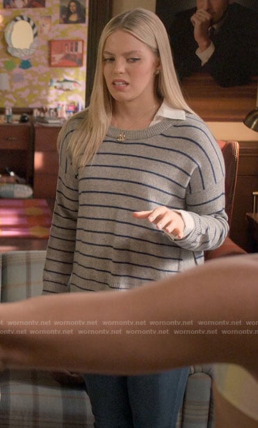 Leighton’s grey striped sweater on The Sex Lives of College Girls