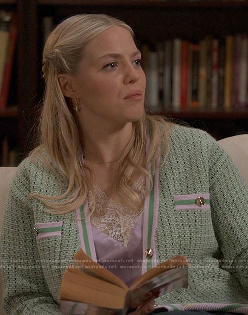 Leighton’s purple lace trim cami and green cardigan on The Sex Lives of College Girls