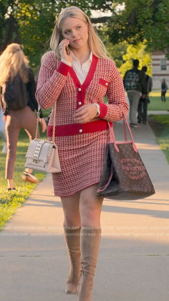 Leighton’s red cardigan and skirt set on The Sex Lives of College Girls