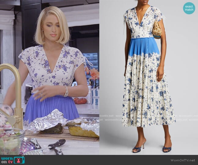 Lela Rose Floral Printed Corded Lace Pleated Dress worn by Paris Hilton on Paris in Love