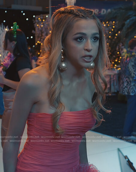 Lexi’s pink ruched feather trim dress on Saved By The Bell