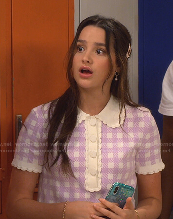 Lex’s purple check polo top on Side Hustle