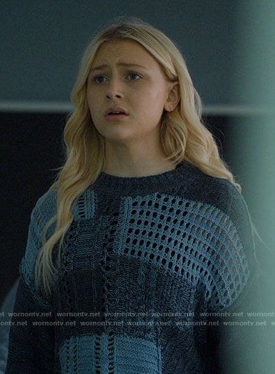 Lexy’s blue patchwork knit sweater on Chucky