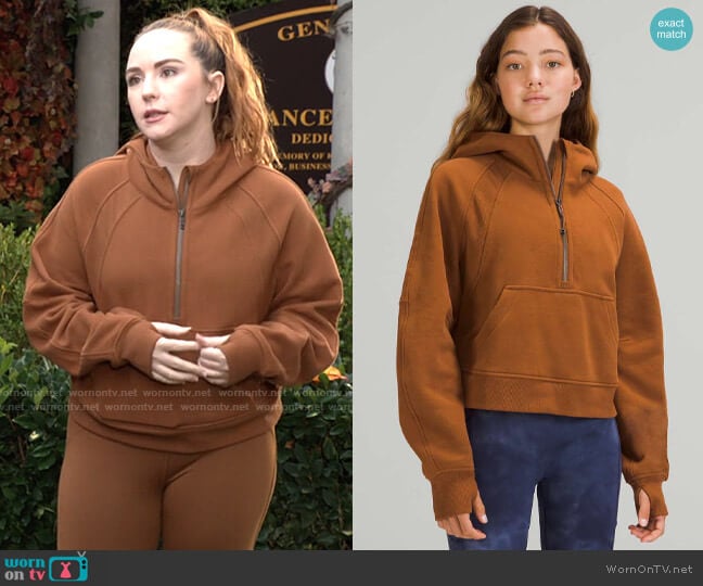 Lululemon Scuba Oversized 1/2 Zip Hoodie in Copper Brown worn by Mariah Copeland (Camryn Grimes) on The Young and the Restless