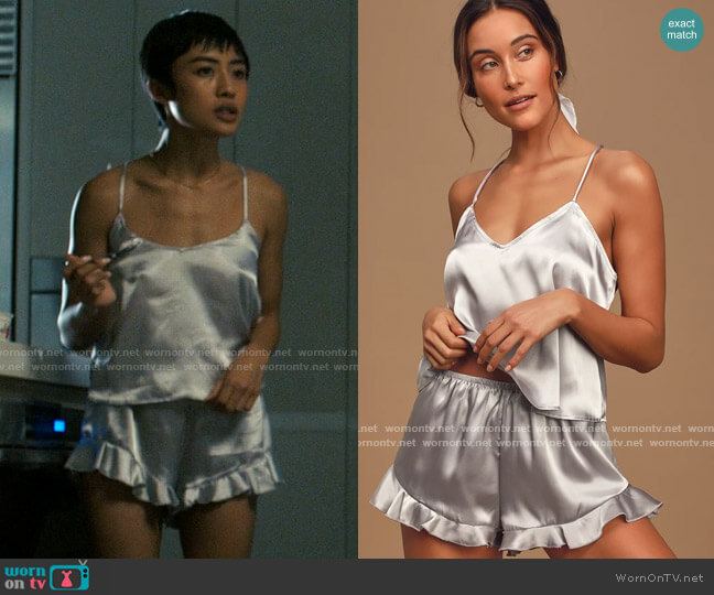 Lulus Sweetest Dreams Silver Satin Ruffled Two-Piece Pajama Set worn by Margot (Brianne Tju) on I Know What You Did Last Summer