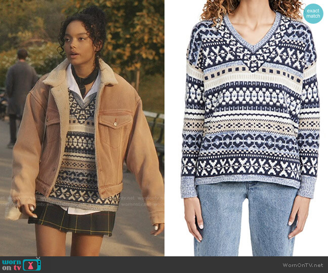 Madewell Fair Isle Dancer V Neck Pullover worn by Zoya Lott (Whitney Peak) on Gossip Girl