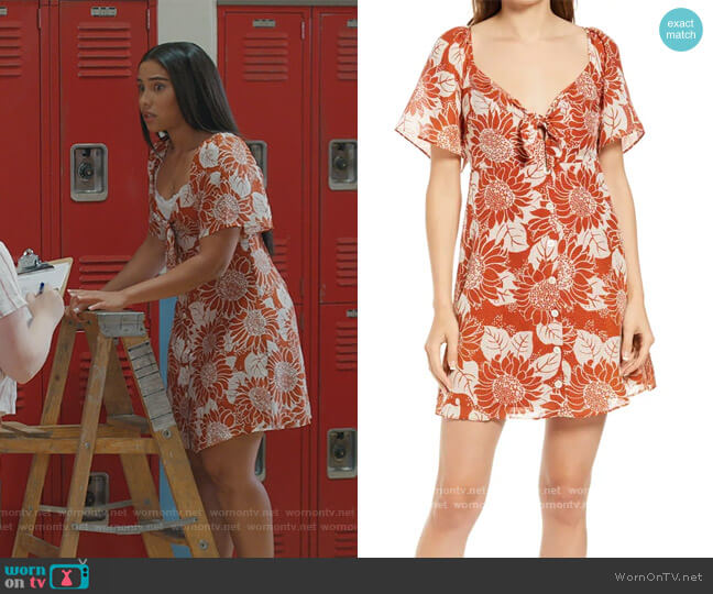 Madewell Sunflower Season Tie Front Silk Minidress worn by Daisy (Haskiri Velazquez) on Saved By The Bell