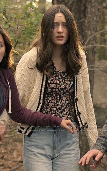 Madison’s floral top and stripe trim cardigan on Big Sky