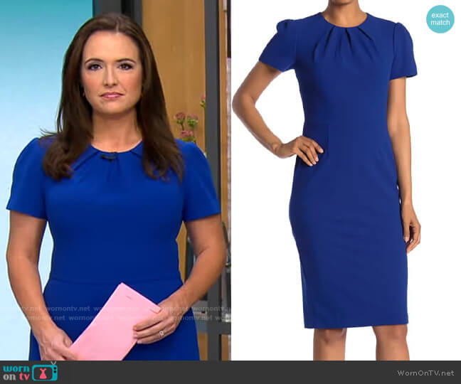 Maggy London Pleated Neck Short Sleeve Sheath Dress in Blue Sapphire worn by Nikki Battiste on CBS Mornings