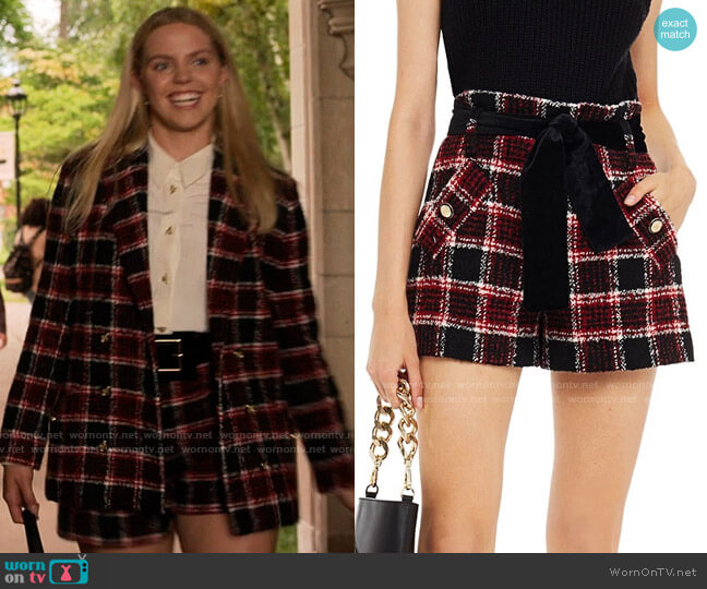 Maje Itrit Checked Shorts With Velvet Belt worn by Leighton Murray (Reneé Rapp) on The Sex Lives of College Girls