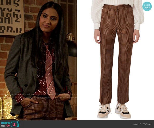 Maje Pedela Straight-Cut Plaid Pants worn by Bela Malhotra (Amrit Kaur) on The Sex Lives of College Girls