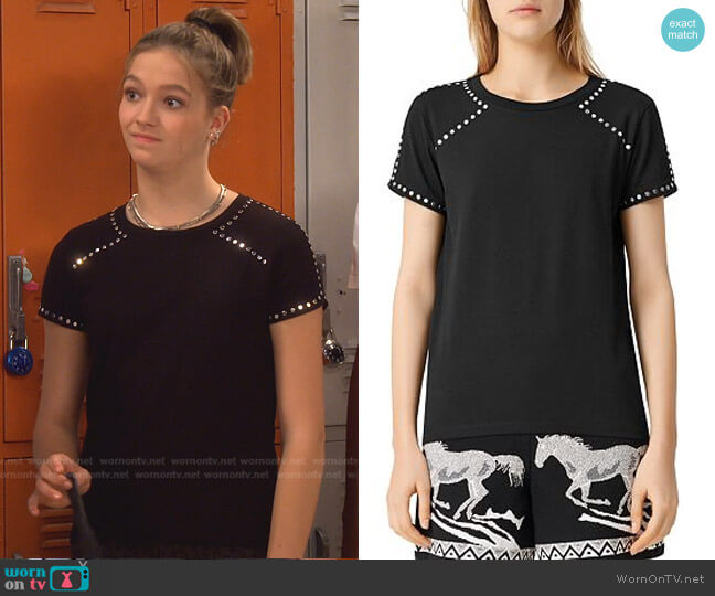 Maje Tity Stud-Detail Cotton T-Shirt worn by Presley (Jayden Bartels) on Side Hustle