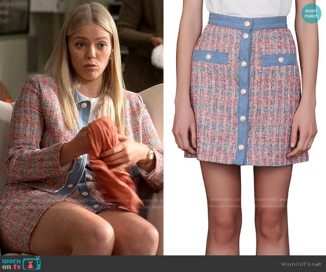 Maje Tweed Denim Miniskirt worn by Leighton Murray (Reneé Rapp) on The Sex Lives of College Girls