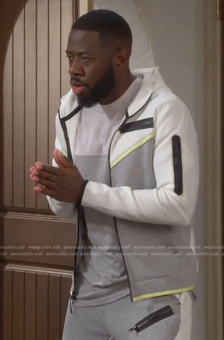 Malcolm’s white and grey hoodie and pants set on The Neighborhood