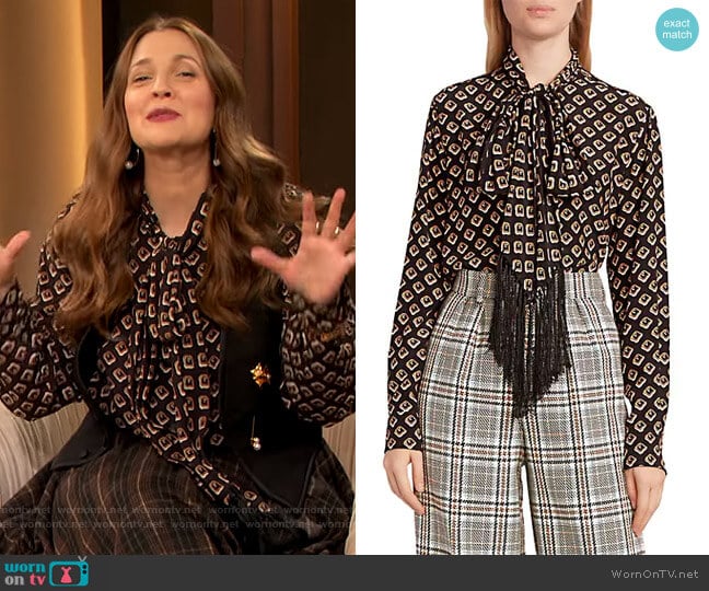 Marc Jacobs Runway Fringe Tie Neck Blouse worn by Drew Barrymore on The Drew Barrymore Show