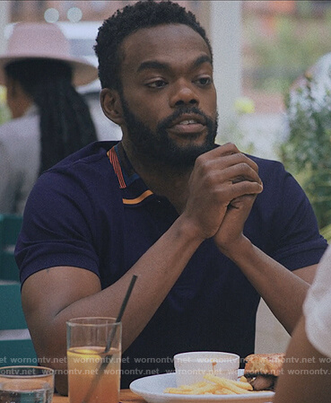 Marcus’s navy striped collar polo on Love Life