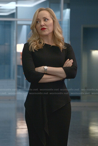 Marissa’s black draped side sheath dress on Bull