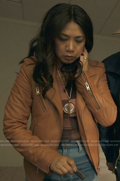 Mel’s tan leather jacket on The Equalizer